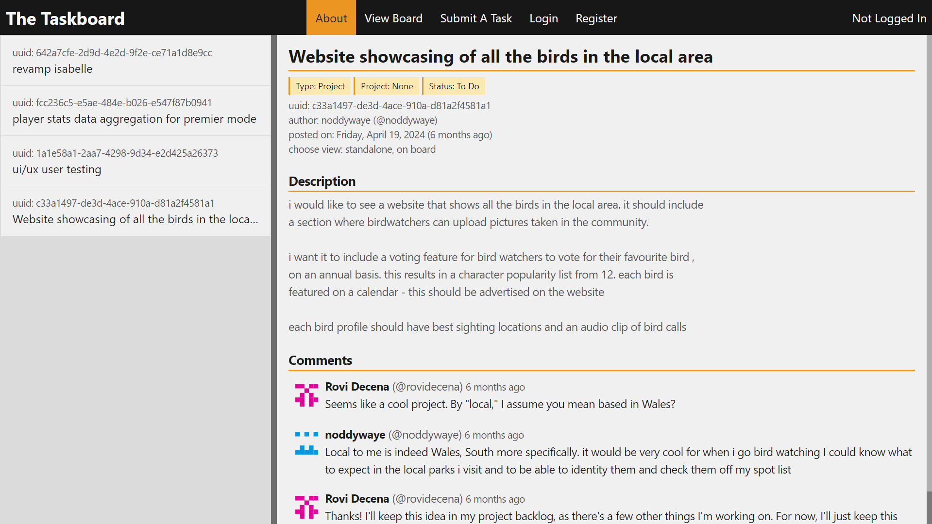 The main page of the Taskboard website.